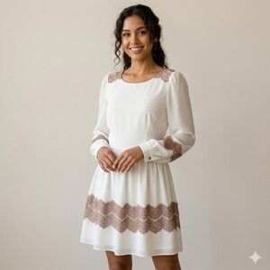 Darling White & Mauve Scalloped Lace Long Sleeve Mini Dress | Size Small